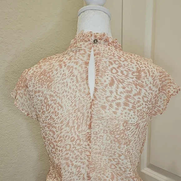Oasis Peach Cream Patterned Flutter Sleeve Pleated Skirt Midi Spring Dress Sz 12 - Picture 7 of 9